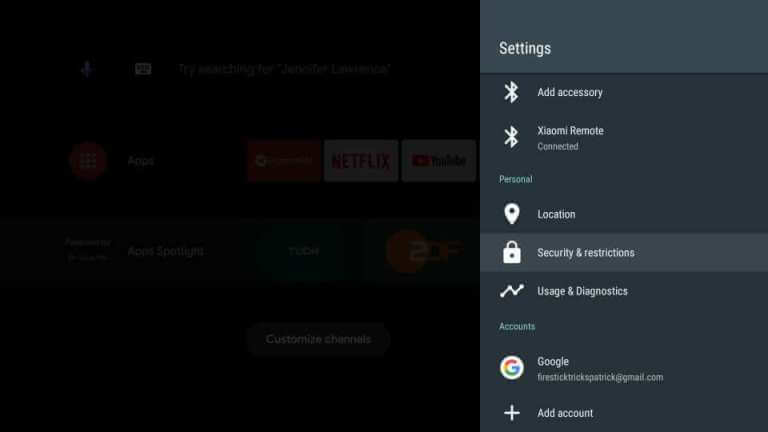 Choose Security and restrictions to Sideload Apps on Mi Box