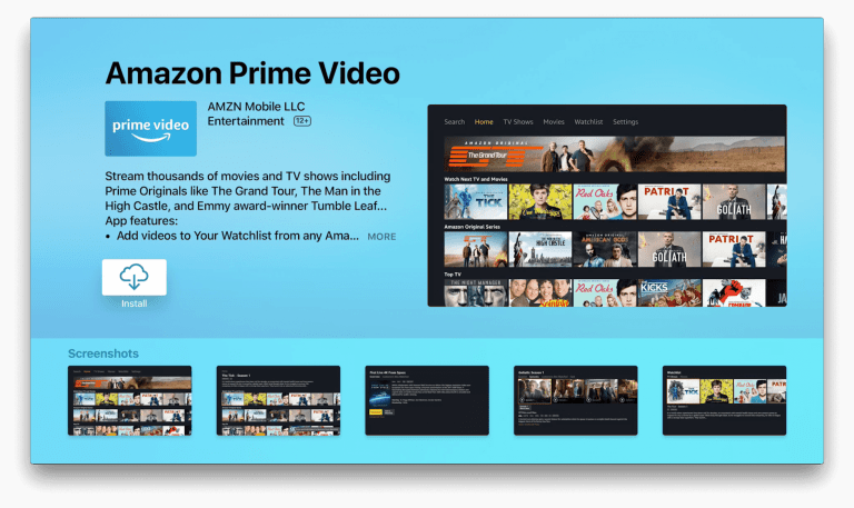 Select Install button to Watch Amazon Prime on Apple TV