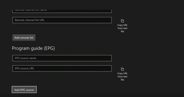 Select Add EPG Source to IPTV on Xbox