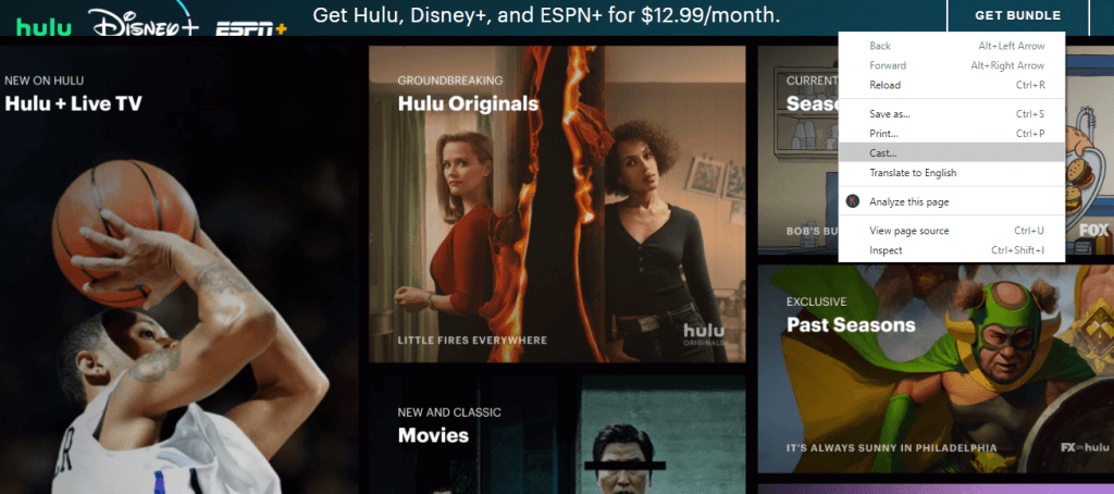 Choose Cast option - Cast Hulu on Chromecast