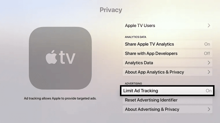 Turn on Limit Ad tracking - Block Ads on Apple TV