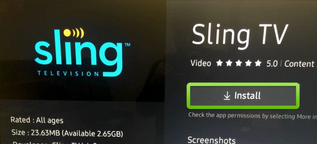 Click Install - Sling TV on Samsung Smart TV