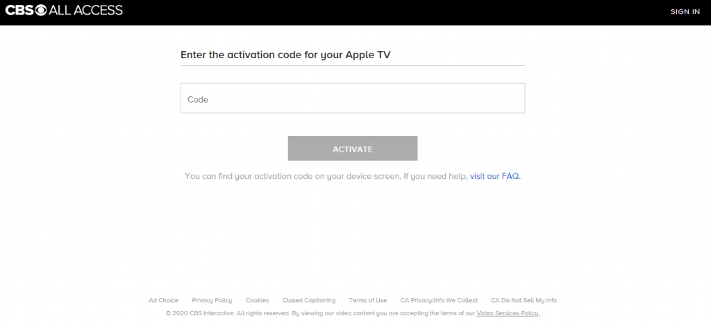 Enter the Activation Code - CBS on Apple TV