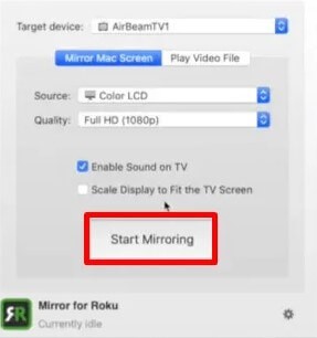 Start Mirroring button - Facetime on Roku