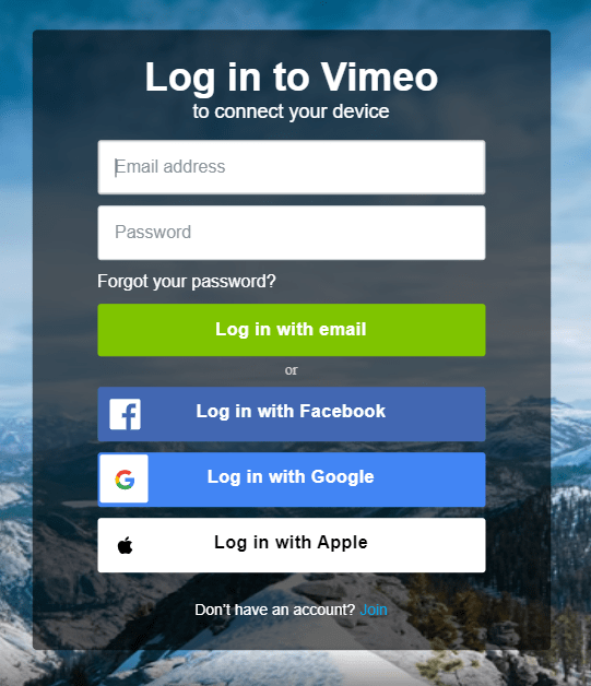 Log in to Vimeo