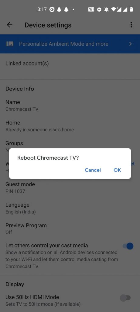 Tap OK to restart your Chromecast 