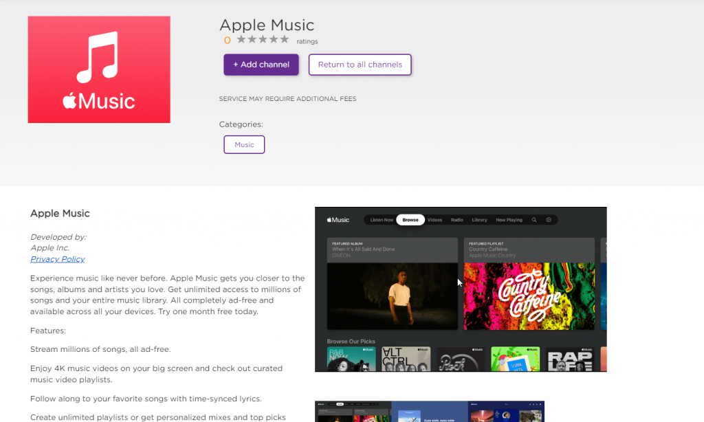 Add Channel - Apple Music on Roku