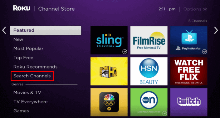 Click Search Channels on Roku