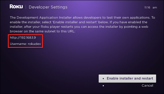 Click on enable installer and restart to stream SoPlayer on Roku