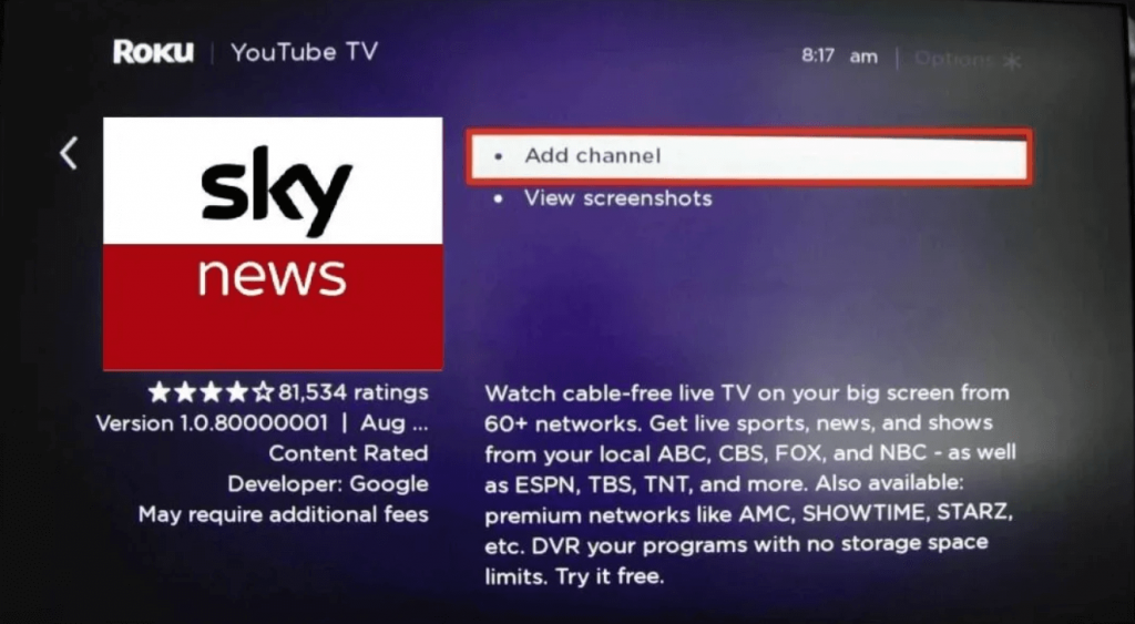click on Add channel to install Sky News on Roku