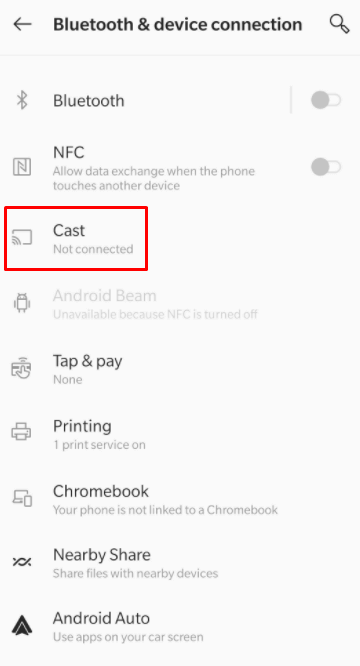 Select Cast option under settings 