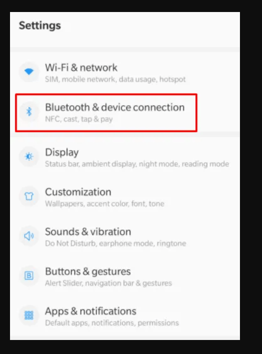 select Connection settings on your Android device