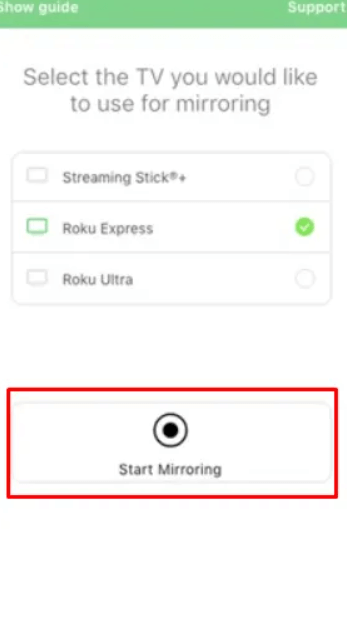 Click on Start Mirroring to stream Fios TV on Roku