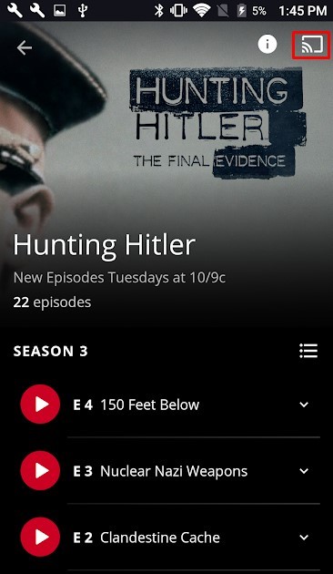 click on the cast icon to cast History Channel on Google TV