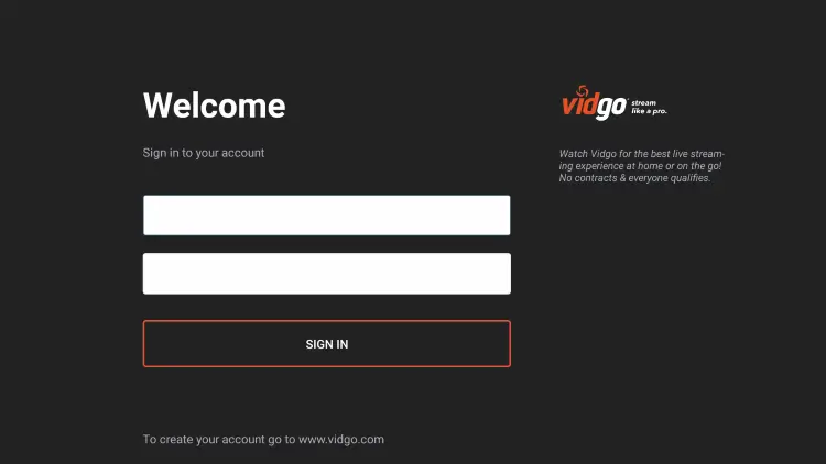 Vidgo on Firestick - Enter the login details