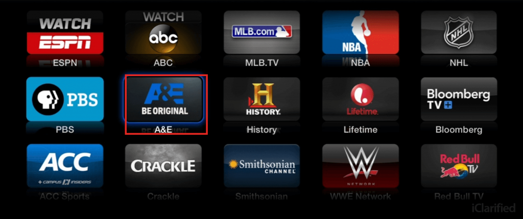 Click on a&e app to watch on Apple TV 