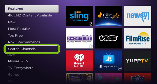 Click on Search Channels to stream E! on Roku 