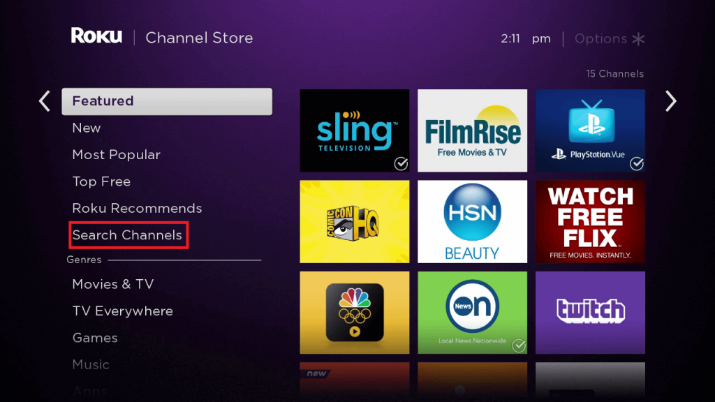 click on search channels to watch food network on Roku