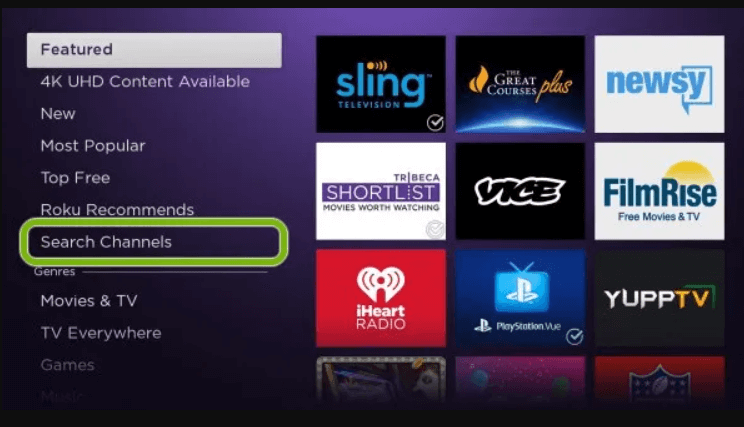 click on search channels to watch SYFY on Roku