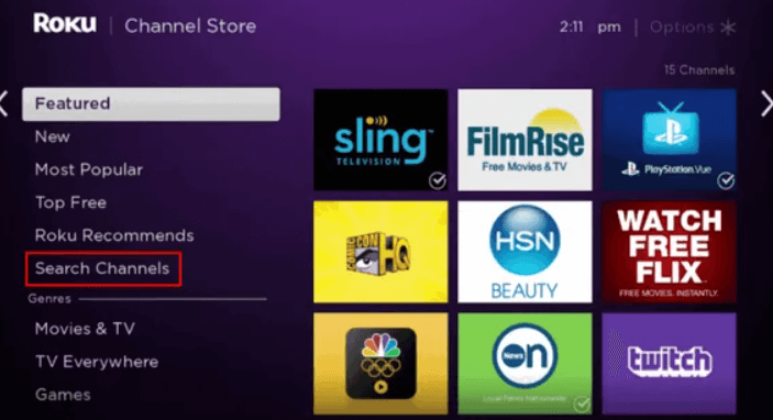 click on search channels to search for comedy central on Roku