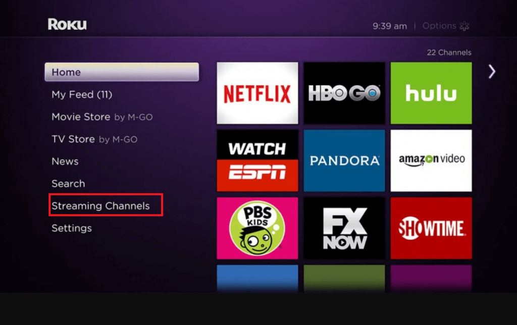 click on Streaming channels to install Paramount Network on Roku