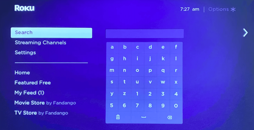 with the on-screen keypad search for TBS on Roku