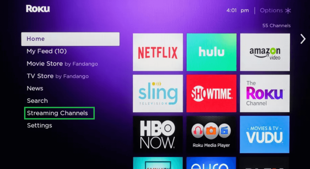click on streaming channels to install TBS on Roku