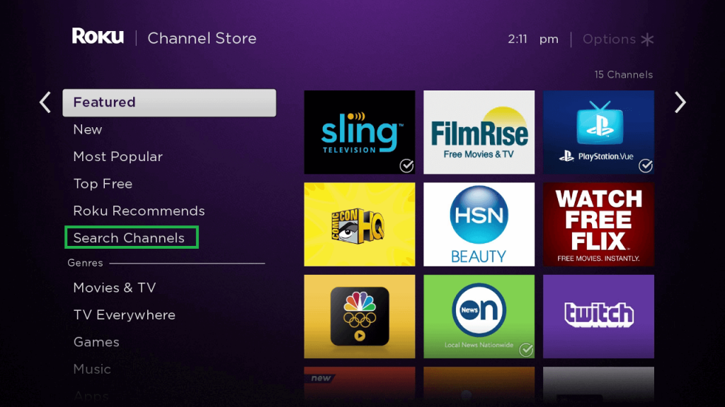 click on search channels to search TBS on Roku