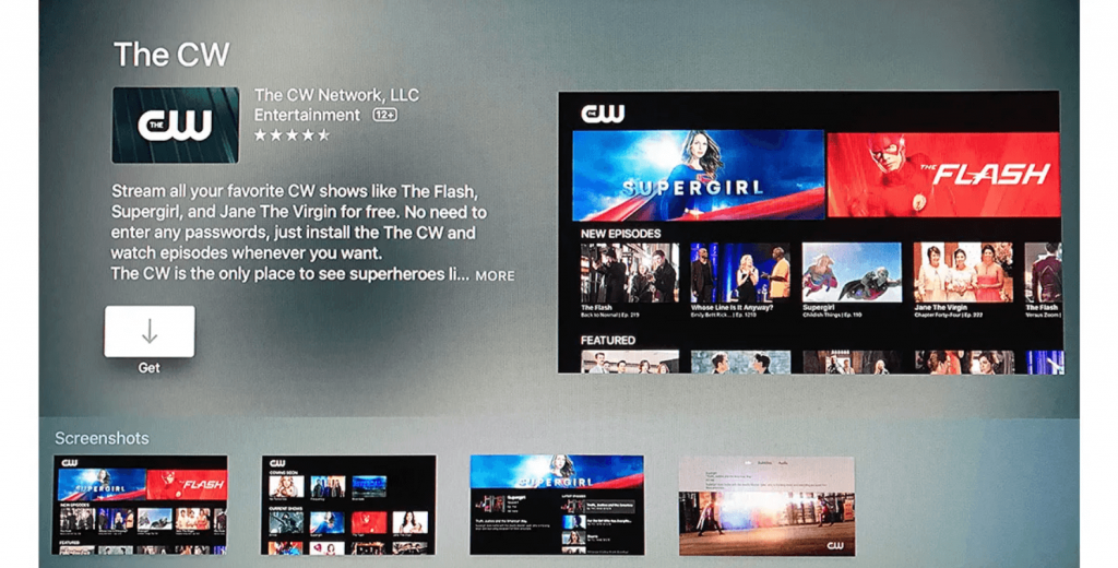 click on Get to install The CW app on Apple TV