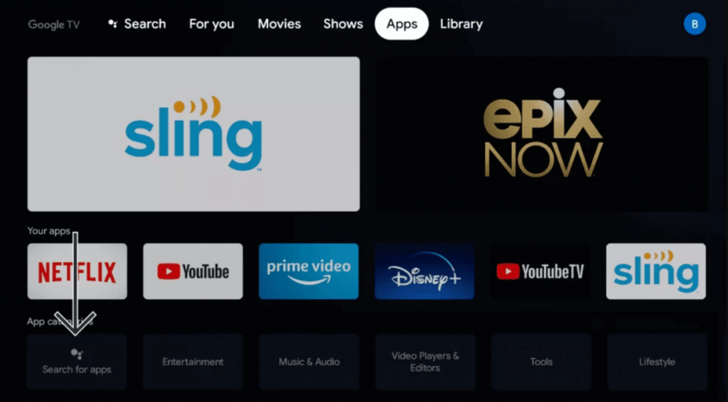 click on search for app to stream TV Land on Google TV