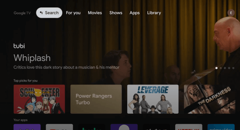 Apps section - Peacock TV on Google TV