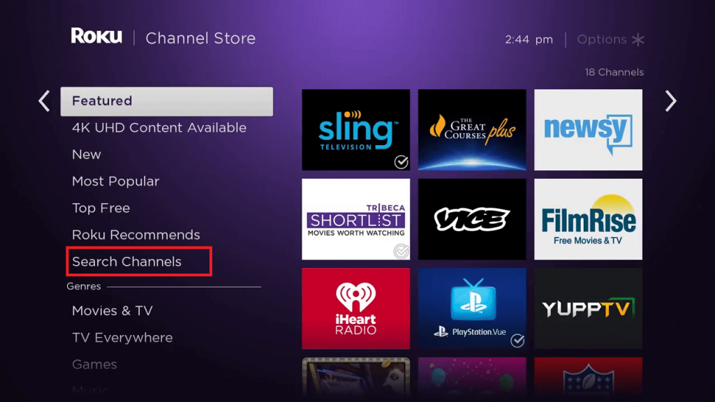 Select Search Channel to stream ESPNU on Roku.
