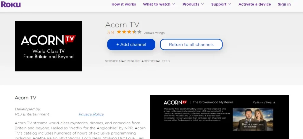 Add Channel in Acorn TV app info page