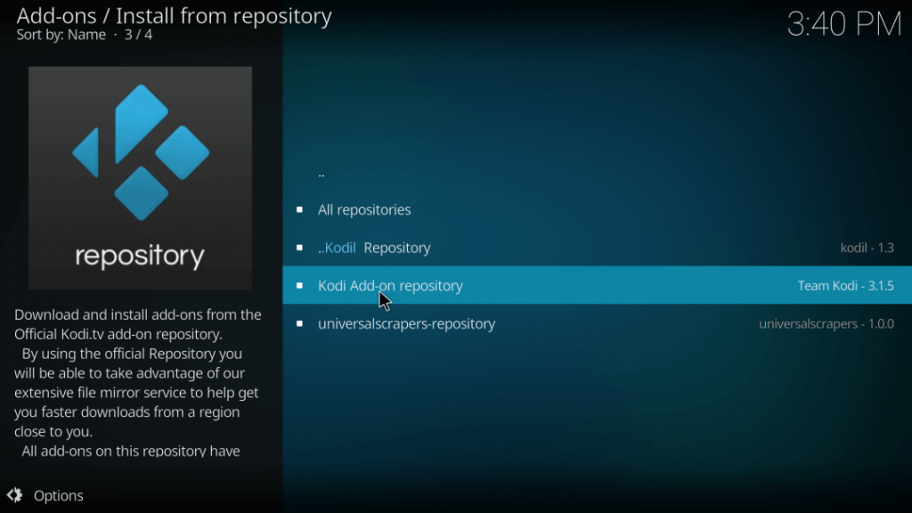 select the Kodi Add-on repository.