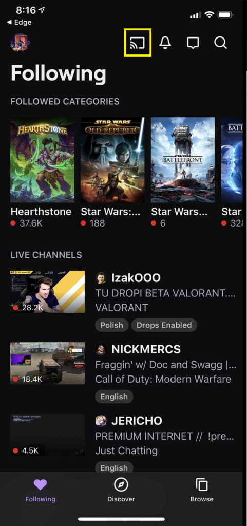 Caast icon on twitch app to cast to Google TV