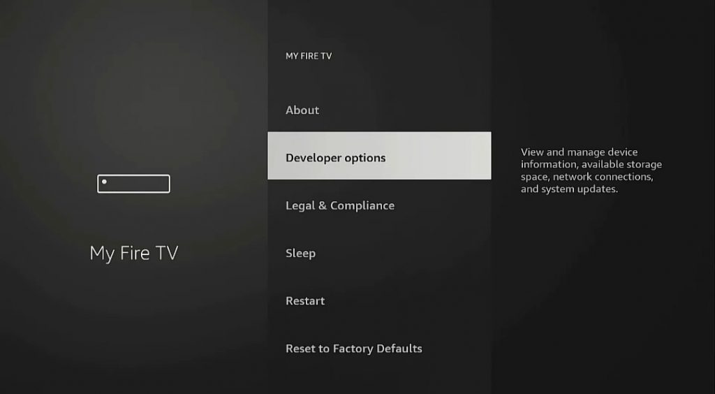 Pop TV on Firestick- select Developer options.