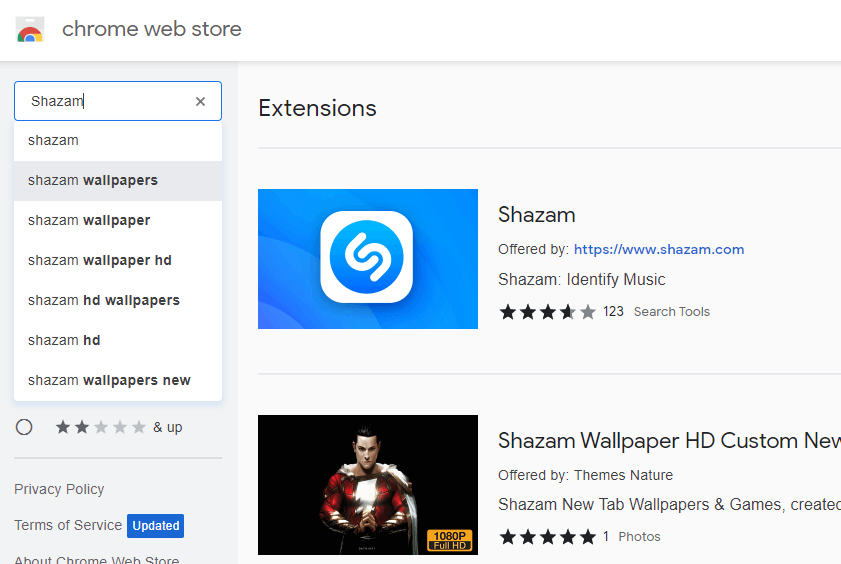 Search for Shazam extension