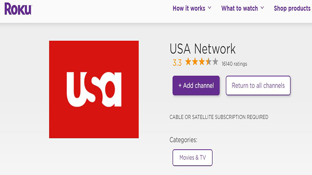 Click Add channel to install USA Network on Roku