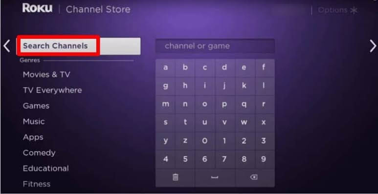 Select Search Channels to search and install apps on Roku.