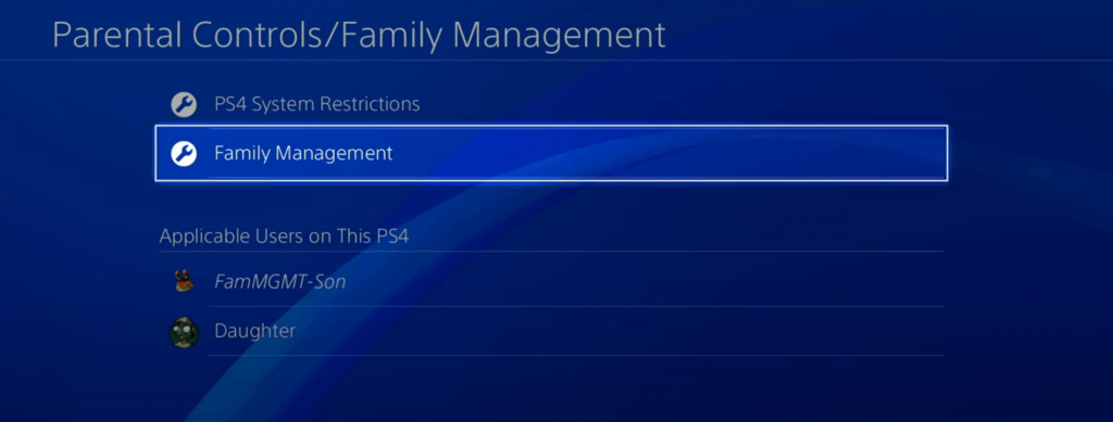 Tap Family Management on PS4 to configure Parental Control