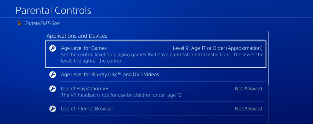 Select Age Level for Games on PS4 settings 