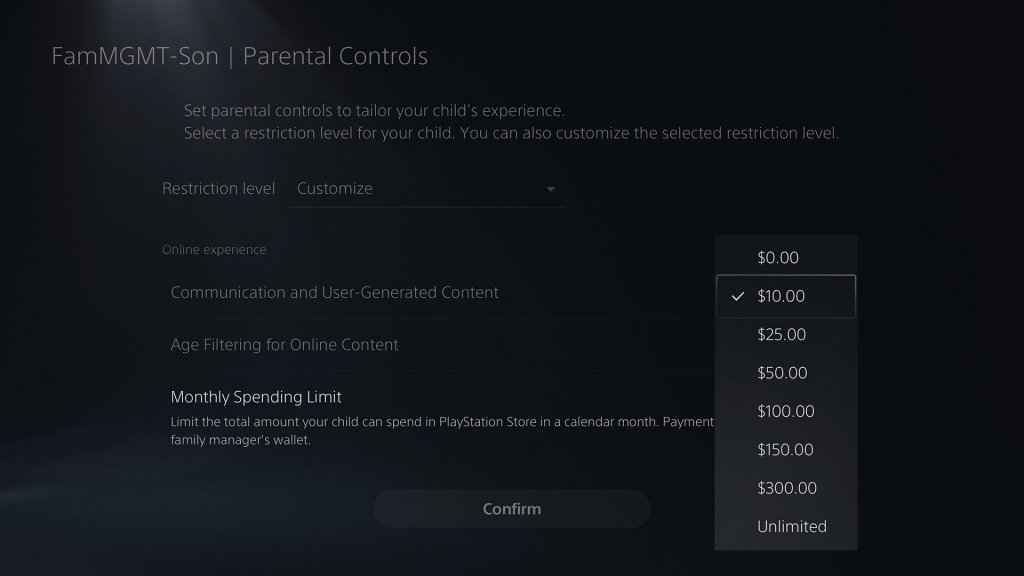 Choose monthly spending limit and set Parental Controls on PS5