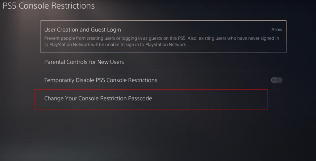 Tap Change Your Console Restriction Passcode