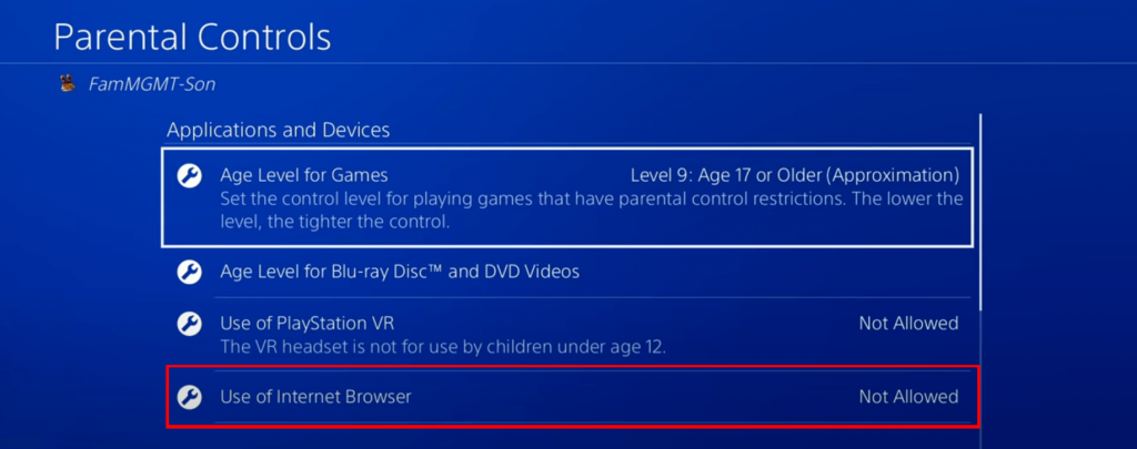 Restrict the use of Internet browser on PS4