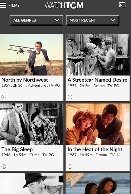 Click the cast icon on the TCM app