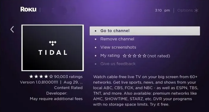 select Go to Channel to open Tidal