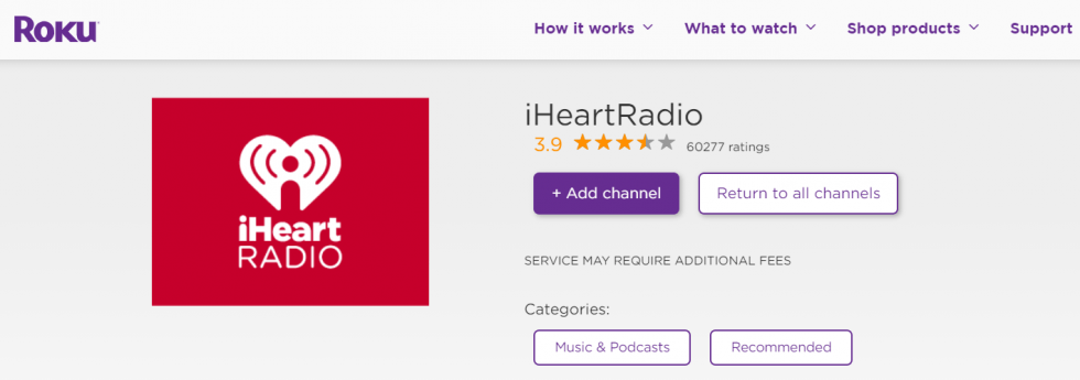 Select Add Channel to install iHeartRadio on Roku