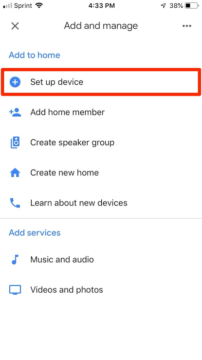 Select Set up device in Google Home app