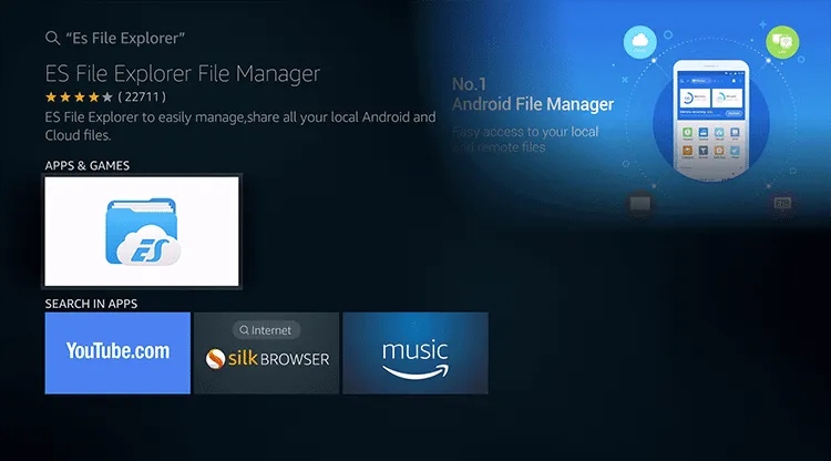 FilmOn TV on Fire stick- Choose ES File Explorer 