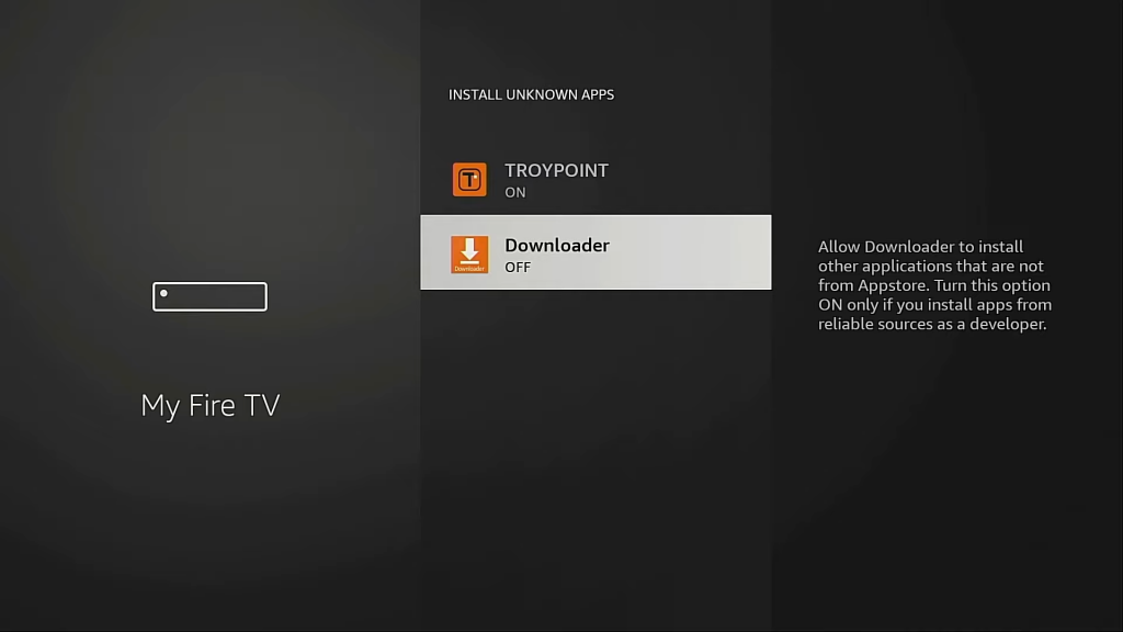 Turn on Downloader toggle to sideload FilmOn TV APK on Firestick 